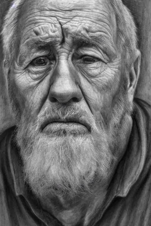 Prompt: a portrait of an old man with a solemn look and deep expression in his eyes, charcoal drawing, highly detailed, strong lighting, cinematic, HD, 4K