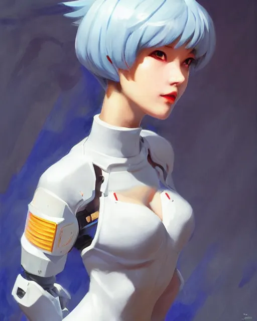 Image similar to greg manchess portrait painting of rei ayanami as an overwatch character, medium shot, asymmetrical, profile picture, organic painting, sunny day, matte painting, bold shapes, hard edges, street art, trending on artstation, by huang guangjian and gil elvgren and sachin teng