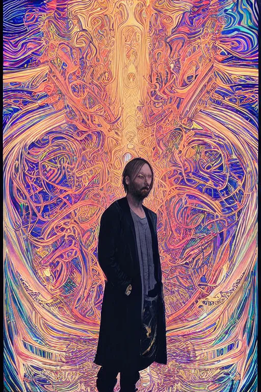 Prompt: A portrait of Thom Yorke as a cyberpunk, iridescent highlights, surrounded by digital swirls, highly detailed, intricate, soft, sci-fi, sharp focus, glowing lines, art by Moebius, Alphonse Mucha