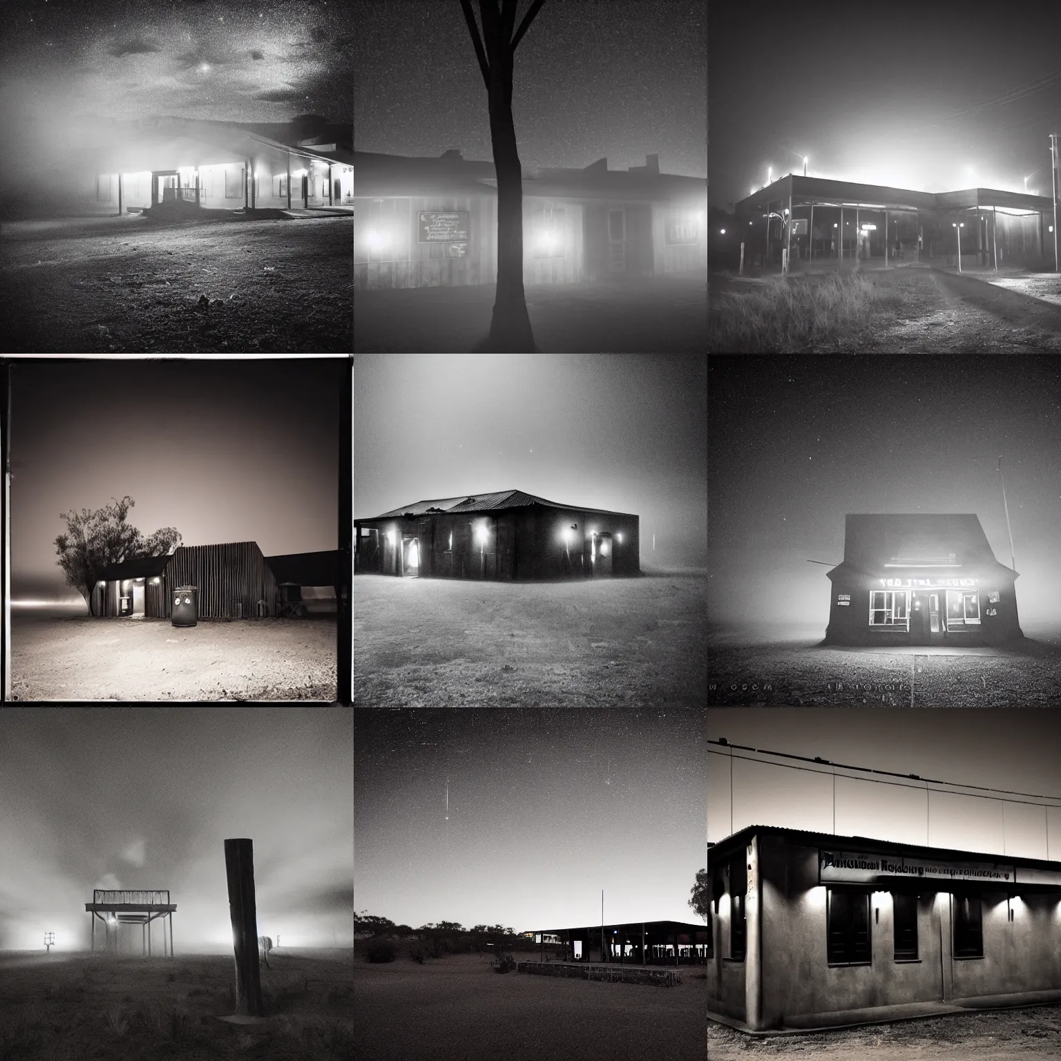 Prompt: a dystopian pub in the outback desert, night photography, by brassai, volumetric fog, creepy skies