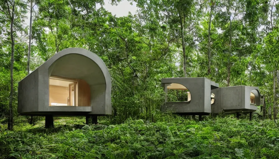 Prompt: A wide image of an eco-community of innovative contemporary 3D printed prefab sea ranch style cabins with rounded corners and angles, beveled edges, made of cement and concrete, organic architecture, in a lush green forest Designed by Gucci and Wes Anderson, golden hour