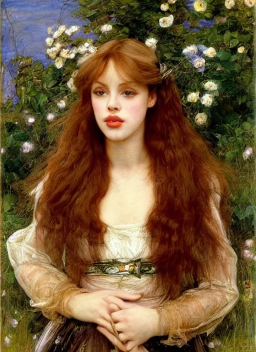 Image similar to a beautiful painting of young kylie minogue by John Everett Millais and Dante Gabriel Rossetti and John Collier and john william waterhouse, pre-raphaelite, detailed, trending on artstation, hd, masterpiece