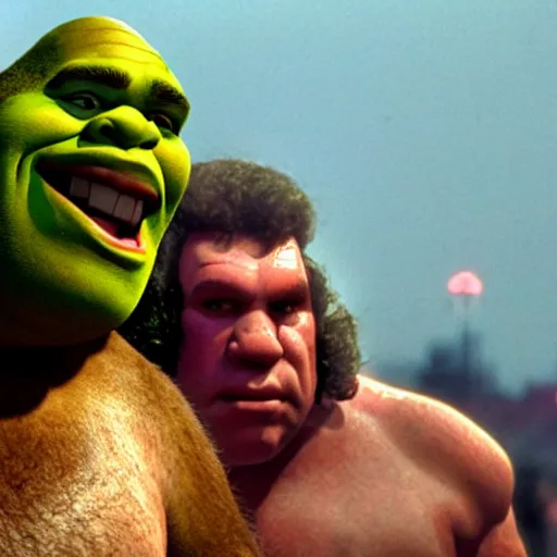 Image similar to shrek vs andre the giant at wrestlemania 8, dramatic lighting, 8k