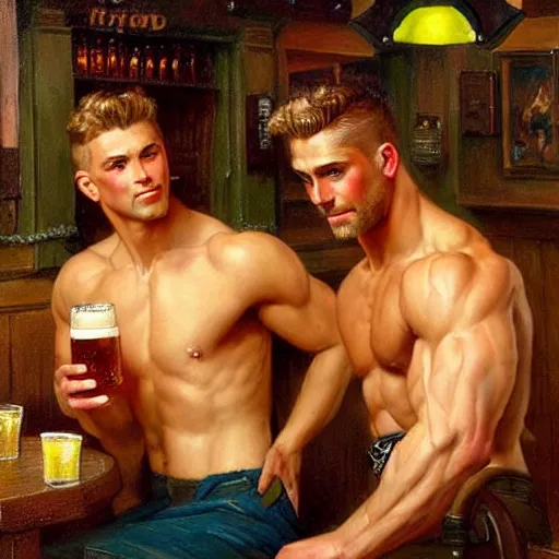 Image similar to attractive muscular male with brunet hair and attractive muscular male with blond hair. pants and shorts, drinking their hearts out, in a pub. very defined and detailed painting by j. c. leyendecker, gaston bussiere, craig mullins 8 k