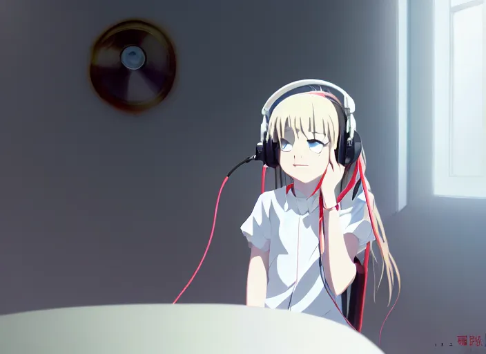 Image similar to a film still portrait of a white long hair red eyed young cute girl wearing a headset in a room interior, closeup, perfect art, gapmoe yandere, trending on pixiv fanbox, painted by makoto shinkai takashi takeuchi studio ghibli