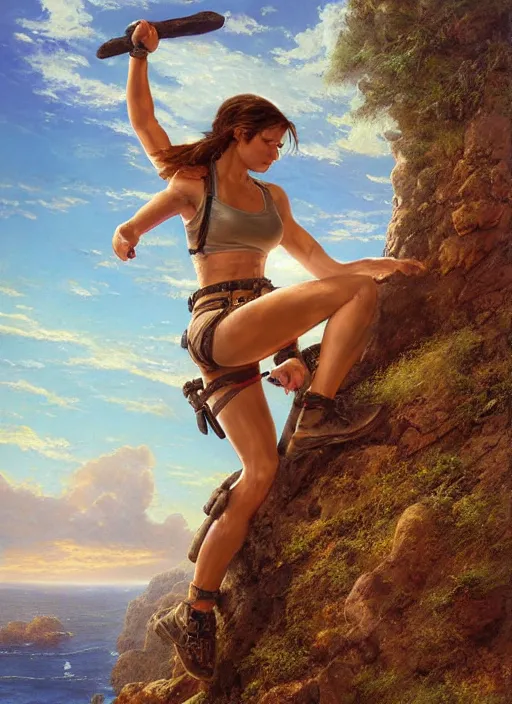 Prompt: Lara Croft climbing a rock, golden hour, Lilia Alvarado, Sophie Anderson, Mark Arian, Bob Byerley, Charlie Bowater, Mark Brooks, Steve Henderson, Justin Gerard, Arthur Hughes, Edward Robert Hughes, Mark Keathley, Victor Nizovtsev, Carlos Shwabe, Ross Tran, WLOP