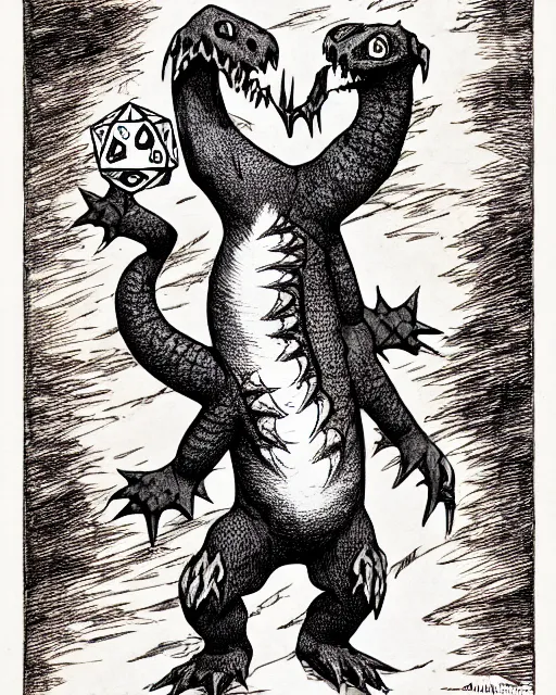 Image similar to charmander as a d & d monster, full body, pen - and - ink illustration, etching, by russ nicholson, david a trampier, larry elmore, 1 9 8 1, hq scan, intricate details, stylized border