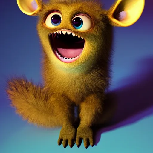 Image similar to a cute little baby monster with long fur, portrait, pixar style, extremely realistic photo, heaven background, cinematic lighting, award winning creature portrait photography