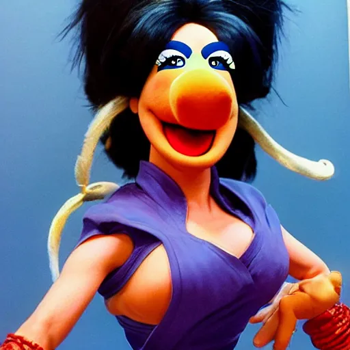 Image similar to ultra realistic janice from the muppets as chun li from street fighter, portrait by frank frazetta, simon bisley, brom, 4 k, ultra realistic, detailed focused