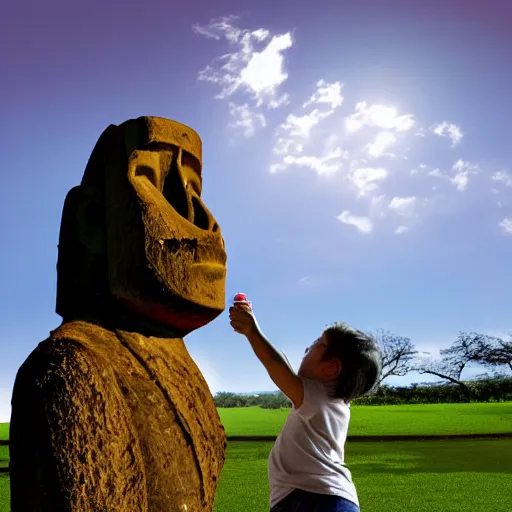 Image similar to a very disgusted and crying kid holding and looking an ice cream cone with a small moai statue in the cone, 4 k photograph