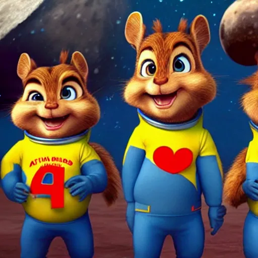 Prompt: alvin and the chipmunks live action sequel where they go to the moon and team up with soldiers in space