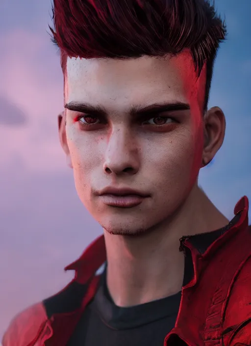 Image similar to An epic fantasy comic book style portrait painting of a young man with black and red cowlick undercut haircut, wearing a red shirt, black overcoat, blue jeans. Unreal 5, DAZ, hyperrealistic, octane render, cosplay, RPG portrait, dynamic lighting