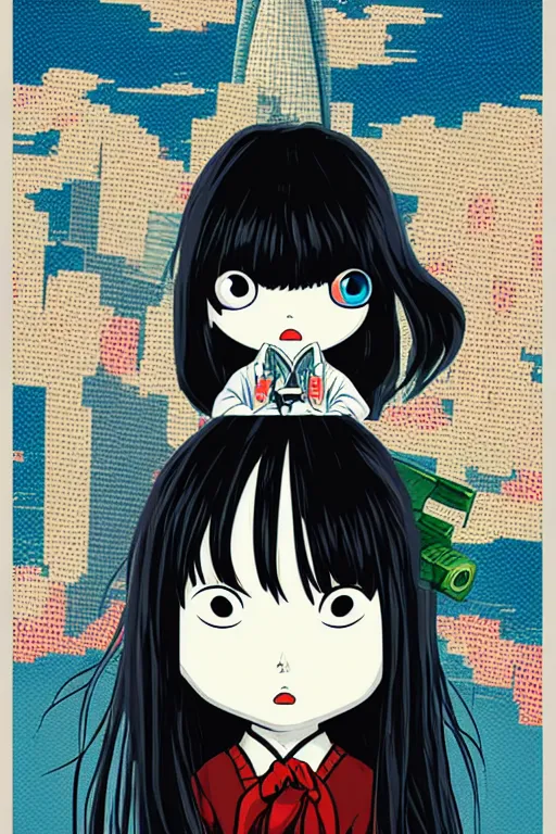 Image similar to sadako out from billboard!!! pop art, pixel, bioshock, gta chinatown, artgerm, richard hamilton, mimmo rottela, julian opie, aya takano