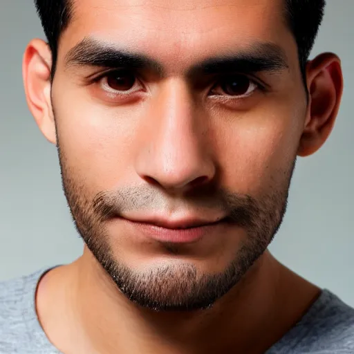 Image similar to close up of face of good looking 3 0 year old peruvian man with clean shaven face, no beard, thin face, skinny, very short straight black hair in a quiff style, color portrait, 4 k