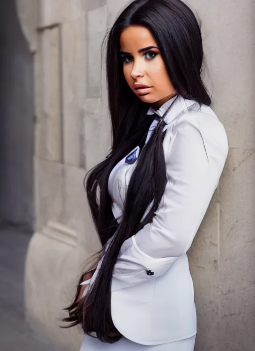 Image similar to portrait of demi rose wearing school uniform, by francis giancobetti, natural light, detailed face, canon eos c 3 0 0, ƒ 1. 8, 3 5 mm, 8 k, medium - format print, full body shot