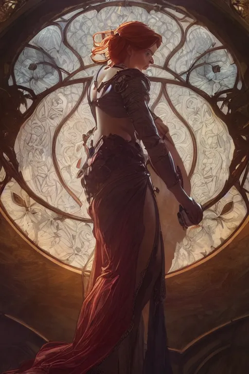 Prompt: full body portrait of Triss, D&D, fantasy, intricate, elegant, highly detailed, digital painting, artstation, concept art, smooth, sharp focus, illustration, art by artgerm and greg rutkowski and alphonse mucha