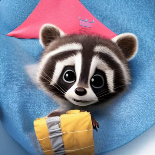 Image similar to a cute baby raccoon waearing a diaper in a sleeping bag and tent, 3d cgi, pixar adorable character art