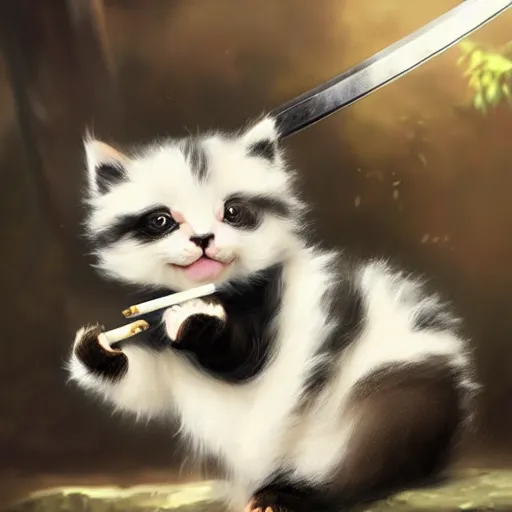 Image similar to cute kitten with panda body and cat face, in a kimono, holds a sword, artwork by greg rutkowski, highly detailed, matte painting, magic the gathering 4 k