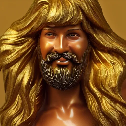 Prompt: a flawless, purely golden sculpture of a man with long hair, with trimmed beard, smiling widely, casting golden light. entirely golden statue, extremely detailed, full-body statue, award-winning art, trending on Artstation