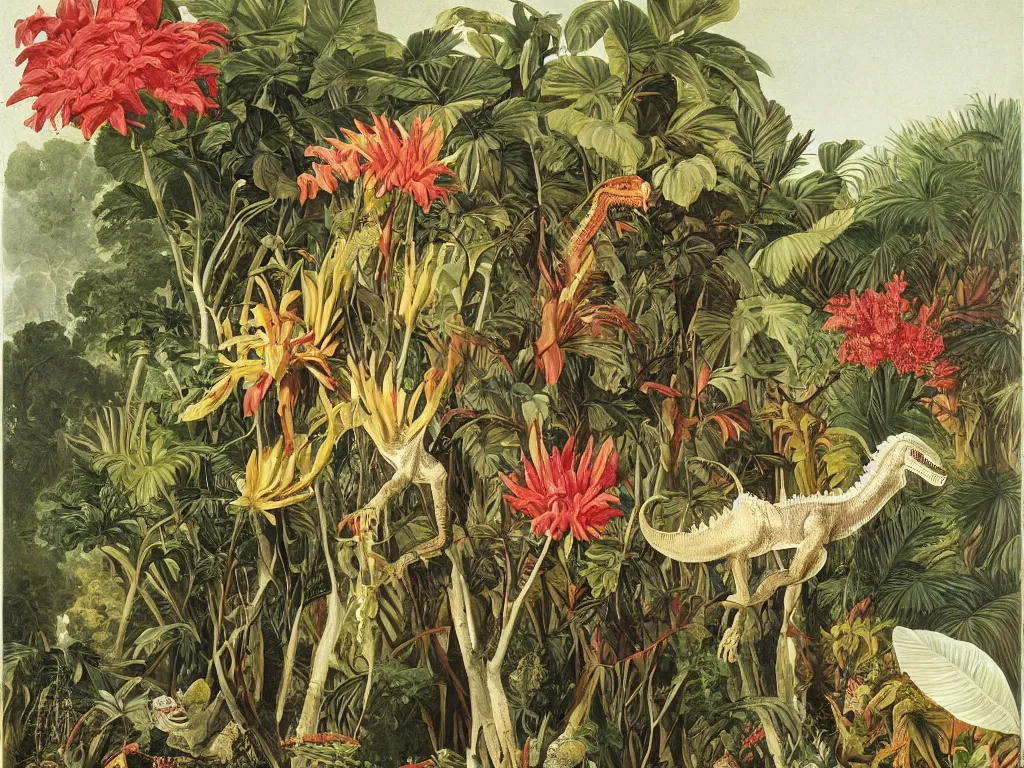 Image similar to tyrannosaurus rex, tropical plants in background, botanical, large exotic flowers, biology, painted by john audubon