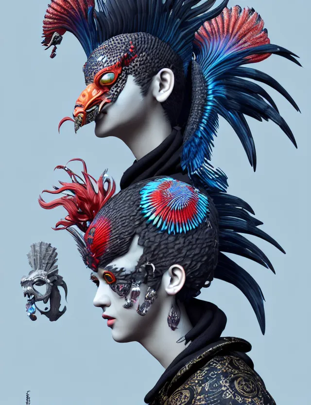 Image similar to 3 d goddess close - up profile portrait russian punk with mohawk with ram skull. beautiful detailed japanese crow kitsune mask and clasical japanese kimono. betta fish, jellyfish phoenix, bio luminescent, plasma, ice, water, wind, creature, artwork by tooth wu and wlop and beeple and greg rutkowski