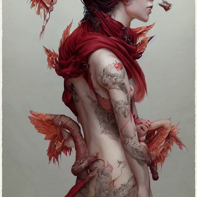 Image similar to ultra realistic illustration, beautiful ethereal woman dressed in red kimono, backview, tattoos, in the style of peter mohrbacher by weta digital and beth cavener, high face symmetry, intricate, masterpiece, award winning, high face symmetry, intricate