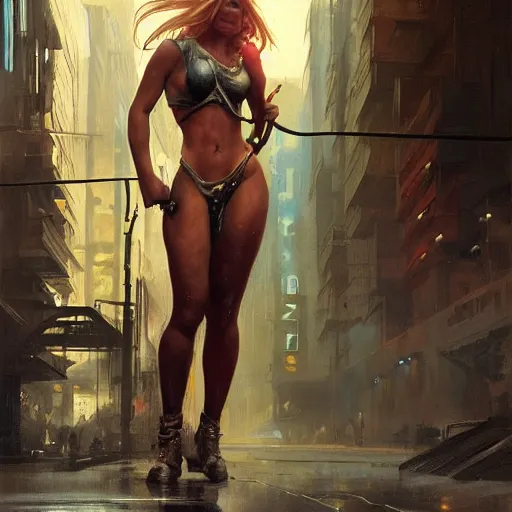 Image similar to brittany spears, hyperrealistic full figure, bladerunner street alley, art of elysium by frank frazetta and by jeremy mann and by alphonse mucha, fantasy art, photo realistic, dynamic lighting, artstation, full figure poster, volumetric lighting, very detailed face, 4 k, award winning