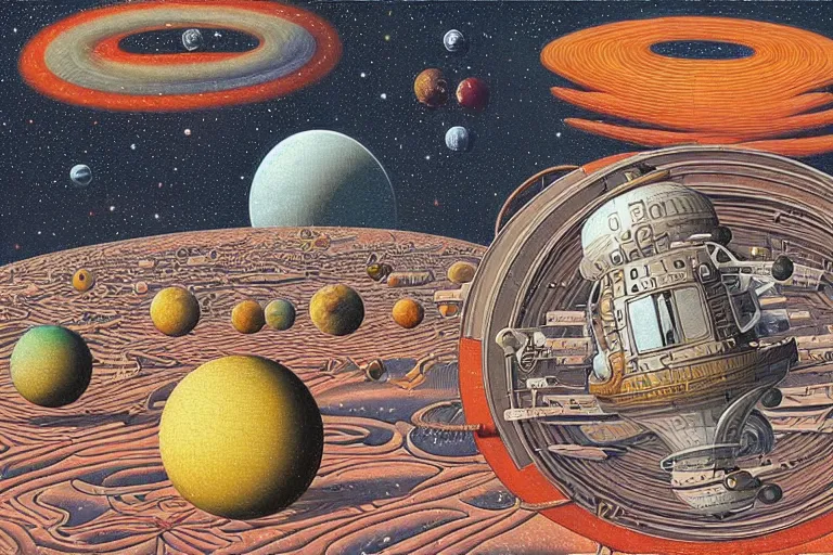 Prompt: retro science fiction outer space planet muted colors by jacek yerka