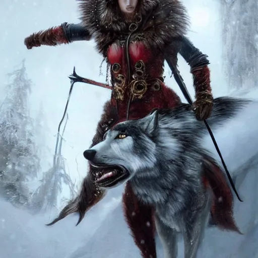 Image similar to a woman wearing wolf head pauldrons and a red wolf's fur warrior outfit, she is astride a great white horse, she has hunted recently, winter scene, hyper realistic, in the style of greg rutkowski, fantasy, amazing detail,