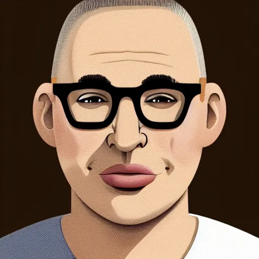 Prompt: 50 year old brunette man with very short hair, buzz cut, round round round face round face round face round face, round jaw, big chin , romanian, glasses, romanian heritage, brown eyes, olive skin, round nose, round chin, clean shaven wide face, thin lips, , digital art, painterly, cartoon, cute, 8k, illustration, art by loish, painterly, trending on artstation, medium shot, uncropped