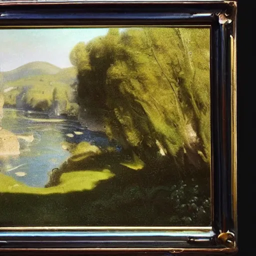 Image similar to A beautiful sculpture of of a landscape. It is a stylized and colorful view of an idyllic, dreamlike world with rolling hills, peaceful looking animals, and a flowing river. The scene looks like it could be from another planet, or perhaps a fairy tale. CCTV by Camille Corot, by Adolph Menzel terrifying