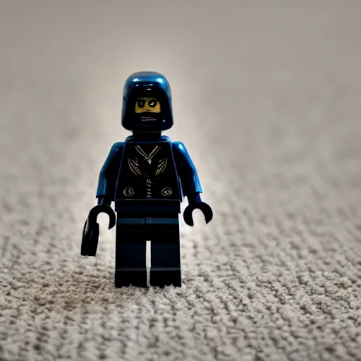 Image similar to macro photography of a minifigure walking on the carpet, 3 5 mm