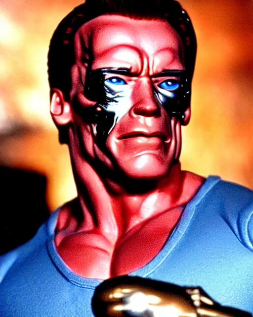 Prompt: arnold schwarzenegger as a damaged t - 1 0 0 terminator, red eye, photo