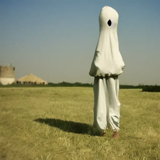 Image similar to scary unproportionally tall disfigured ghost creature in the middle of an old medieval battlefield, 35mm picture