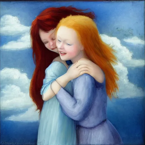 Image similar to a young blue haired girl hugging a young ginger haired girl and smiling, beautiful, innocent, angelic, happy, warm, soft lighting, in the clouds, renaissance, beautiful, cherubic, oil painting
