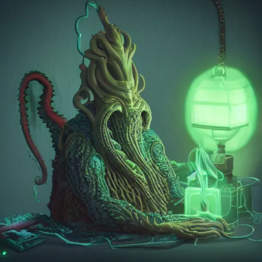 Prompt: Cthulu having a smoke after a long day of being worshipped, Lovecraftian, detailed, Weta Softworks, neon green highlights, 8k render