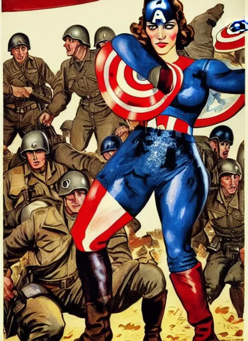 Image similar to beautiful south american female captain america standing on a pile of defeated, beaten and broken german soldiers. feminist captain america wins wwii. american wwii propaganda poster by james gurney. gorgeous face. overwatch