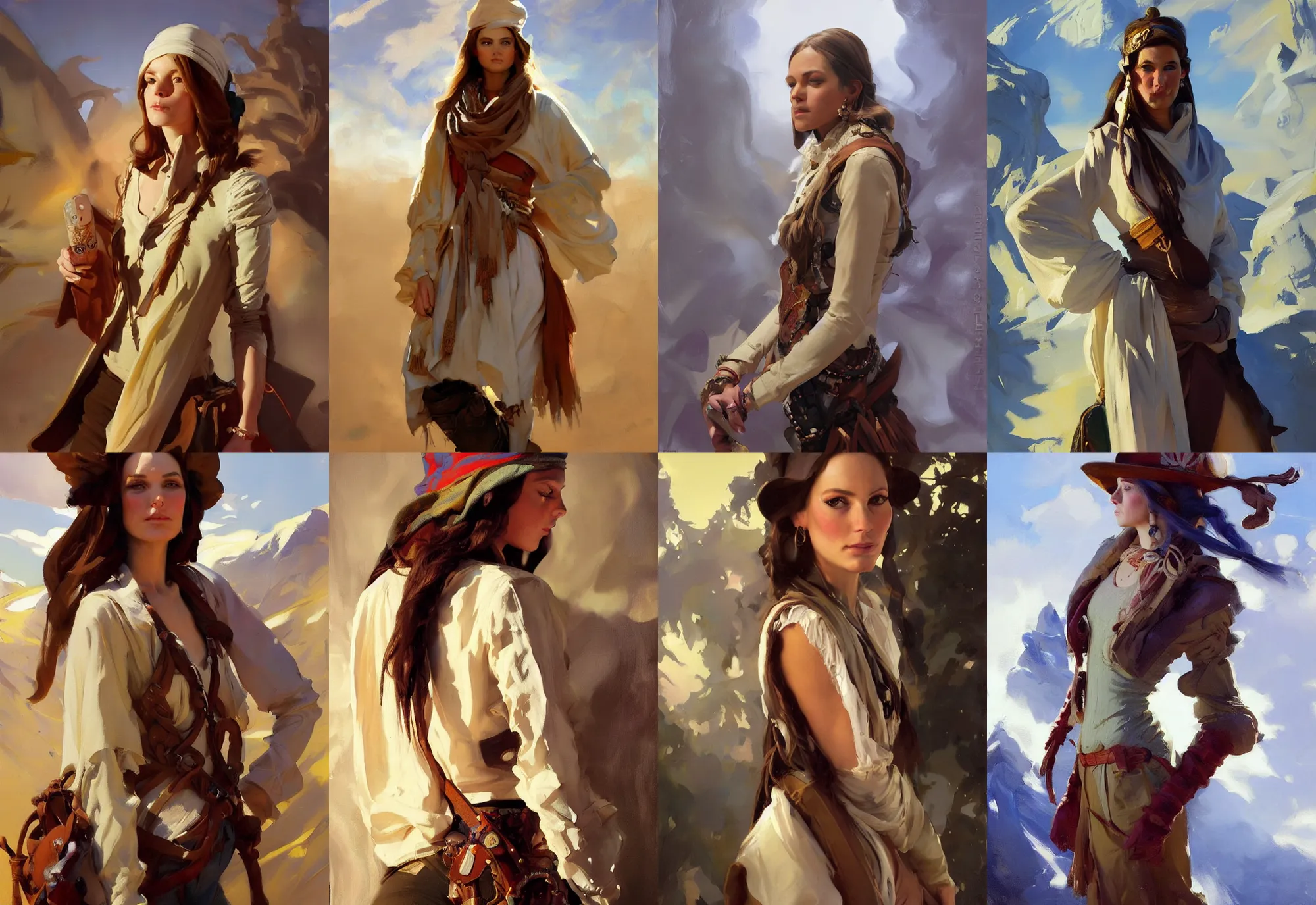 Image similar to portrait of hippie model girl jodhpurs hyperborea winter traveler treasure hunter greg manchess painting by sargent and leyendecker, fantasy, medium shot, asymmetrical, intricate, elegant, matte painting, illustration, hearthstone, by rhads, by greg rutkowski, by greg tocchini, by james gilleard, by joe fenton