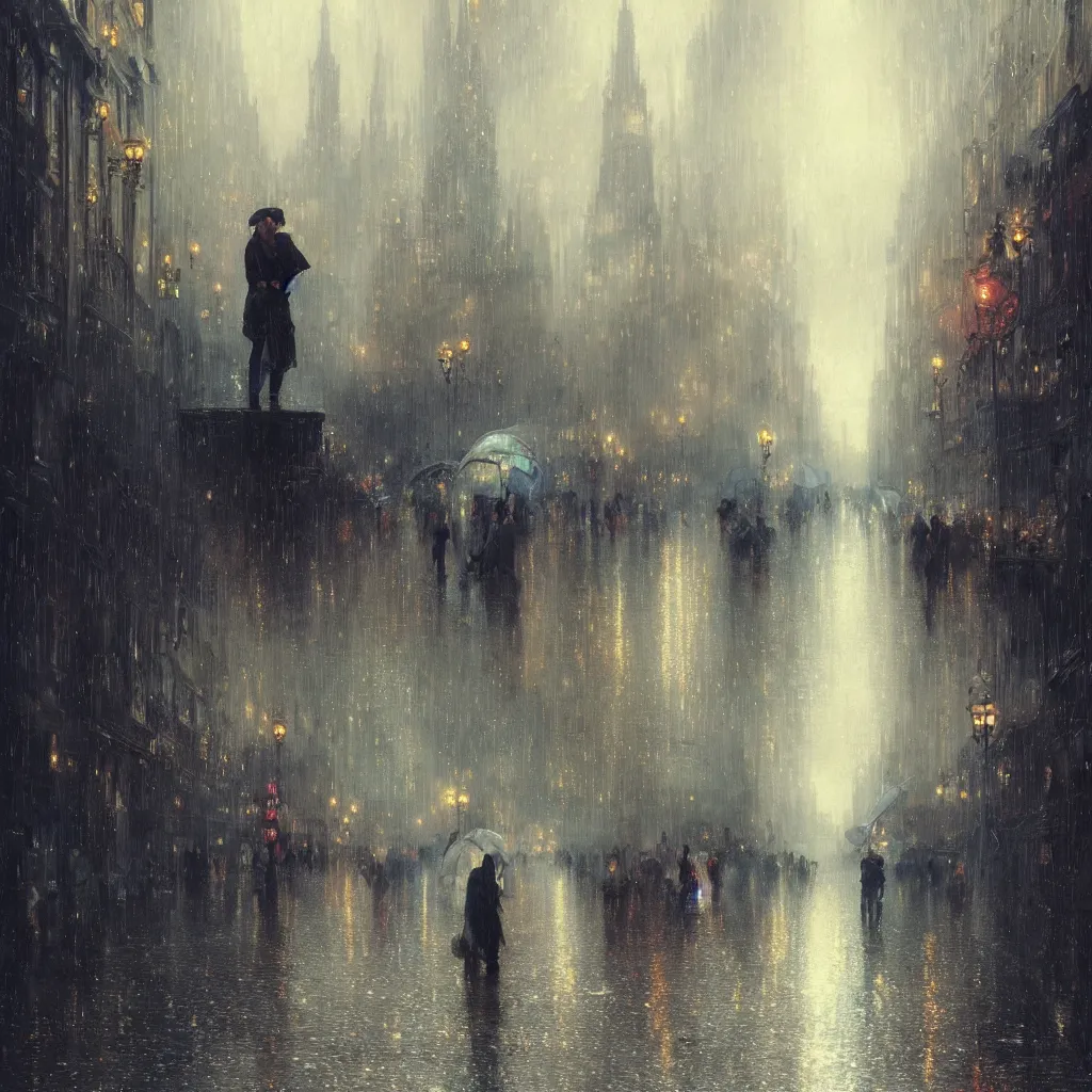 Image similar to a beautifull intricate city, wet sidewalk, people, reflections, raindrops, high details, art by william turner, by greg rutkowski and by alphonse mucha, trending on artstation, extremely detailed, masterpiece