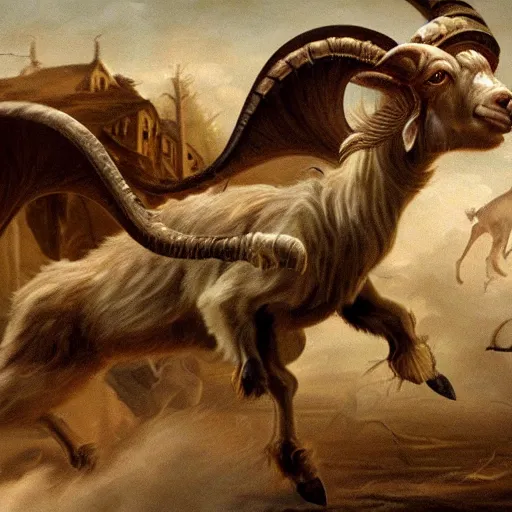 Image similar to hyperrealistic photo of a savage, deformed goat hybrid beast with ram's horns and sharp fangs, attacking a small medieval village