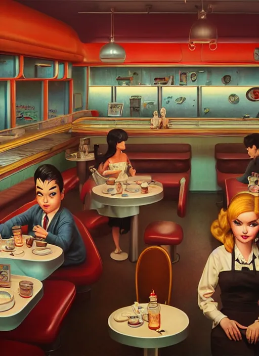 Image similar to highly detailed wide - angle portrait of a retro 1 9 6 0 s diner, nicoletta ceccoli, mark ryden, lostfish, earl nore, hyung tae, frank frazetta, global illumination, god rays, detailed and intricate environment