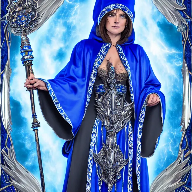 Image similar to elemental sky witch in ornate blue and white robes and staff, highly detailed, 8 k, hdr, anne stokes