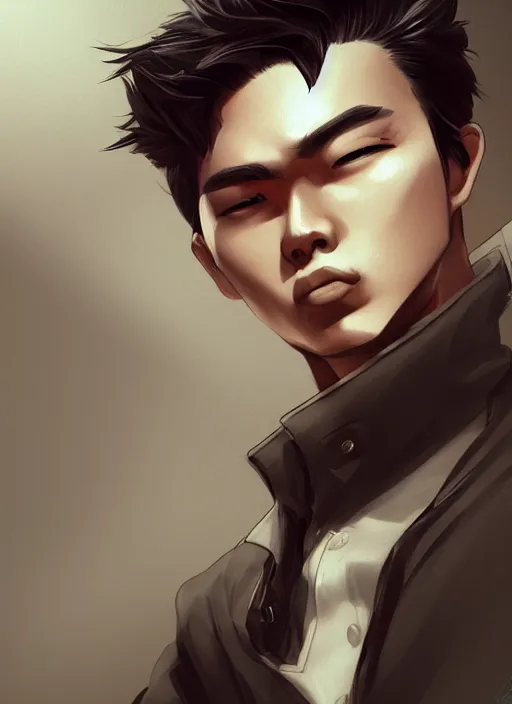 Image similar to a highly detailed illustration of fierce short black haired young asian man wearing polo shirt, dramatic thinking pose, lean, intricate, elegant, highly detailed, centered, digital painting, artstation, concept art, smooth, sharp focus, league of legends concept art, WLOP