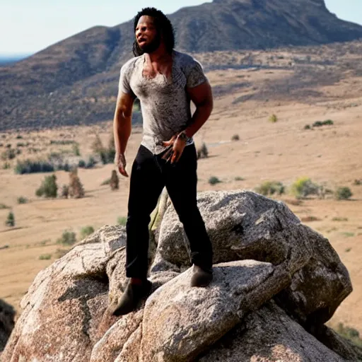 Prompt: dwayne jonson standing on a rock and singing in a rock concert