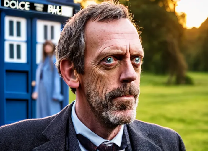 Image similar to dslr photo portrait still of hugh laurie as doctor who in front of the tardis at golden hour, 8 k, 8 5 mm f 1. 4