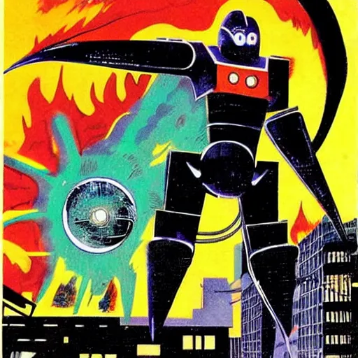 Image similar to giant robot smashing future city in flames, 1 9 6 0 s vintage sci - fi art, by jack gaughan