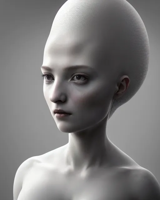 Image similar to dreamy, monochrome, subsurface scattering, white, young beautiful goddess - robot in cosmos, octane render, dino valls, mark ryden, joe fenton, michal karcz, highly detailed, rim light, art, cinematic lighting, very coherent, hyper realism, 8 k