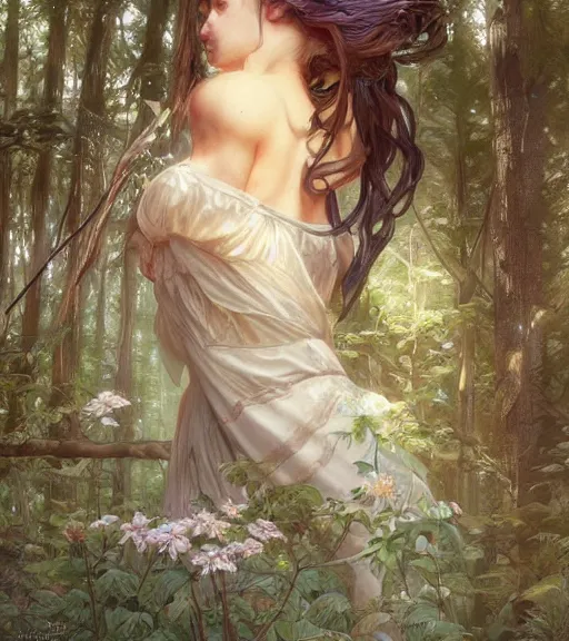 Image similar to beautiful cottagecore woman, intricate, magical forest, stunning, highly detailed, digital painting, artstation, concept art, smooth, sharp, focus, illustration, art by artgerm and greg rutkowski and alphonse mucha