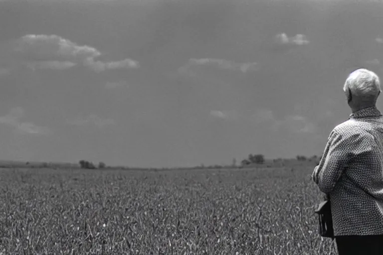 Image similar to an old man in a field looking at multiverse bubbles in the sky, scene from a stanley kubrick movie