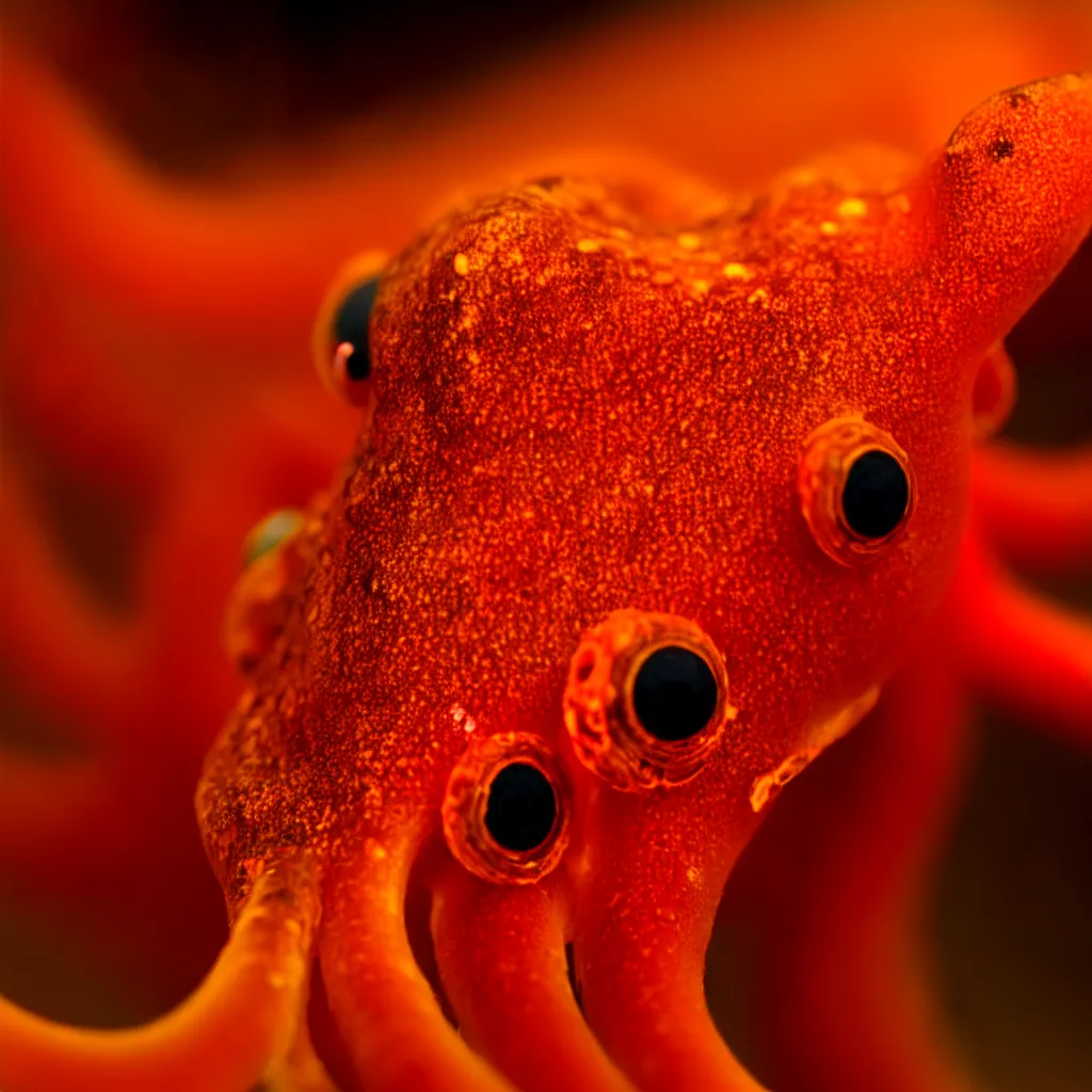 Image similar to fiery whimsical emotional eyes cephalopod, in a photorealistic macro photograph with shallow dof